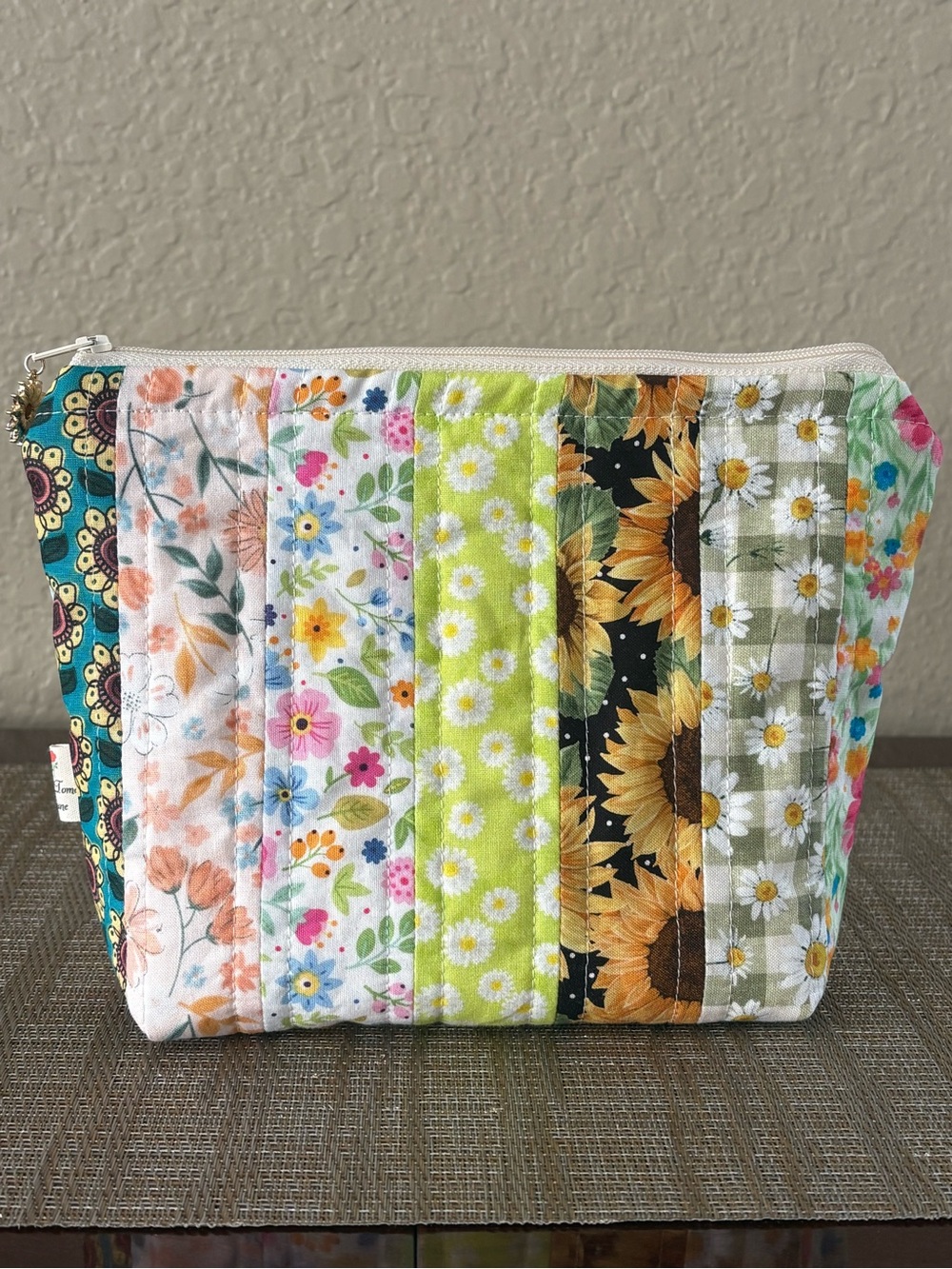 Patchwork Floral Quilted Pouch with Lining - Multicolor with Charm Pull Tab